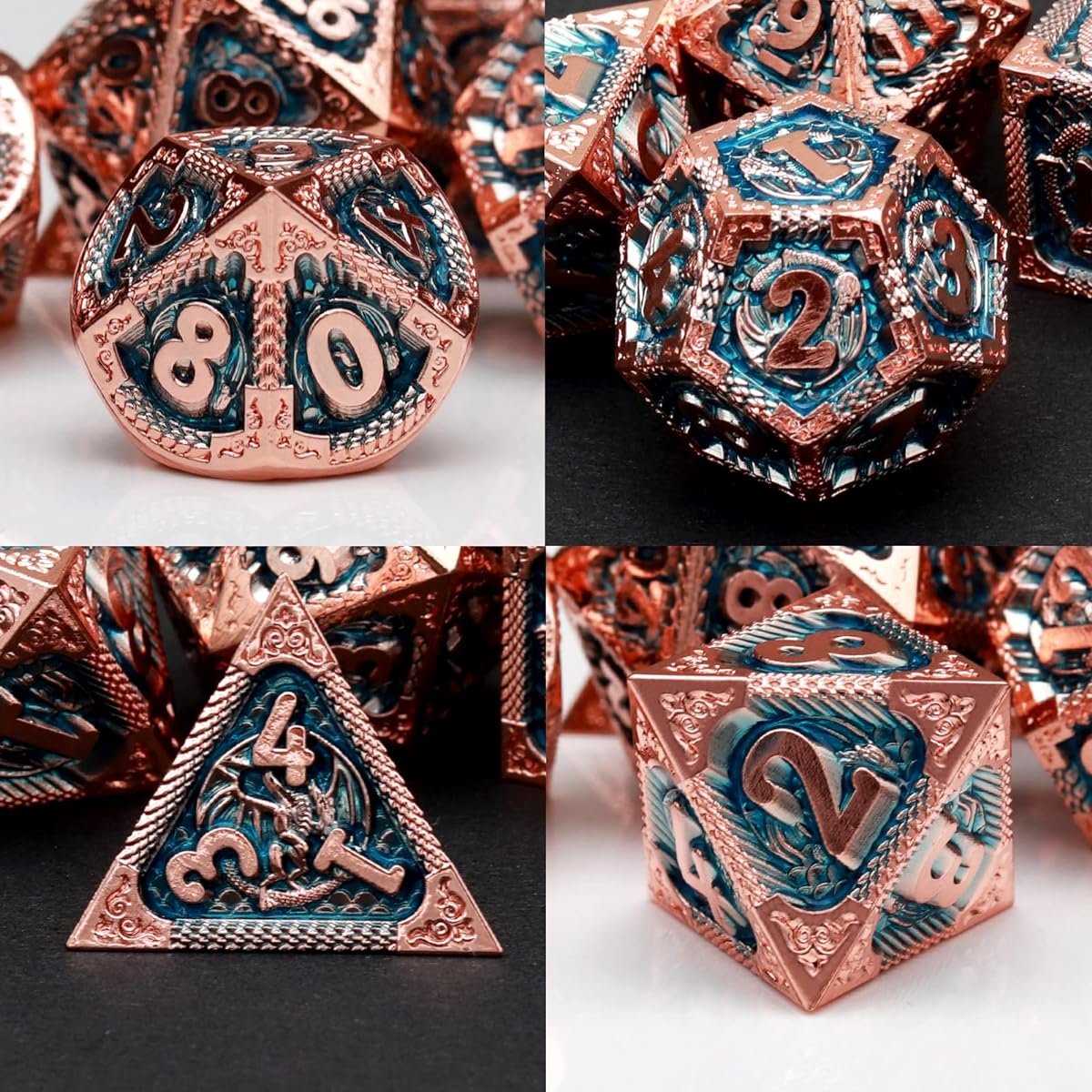 PJOY Metal DND Dice Set Copper Blue Fire-Breathing Dragon D&D Polyhedral Dice RPG Role Playing Game Dungeons & Dragons Gifts TTRPG