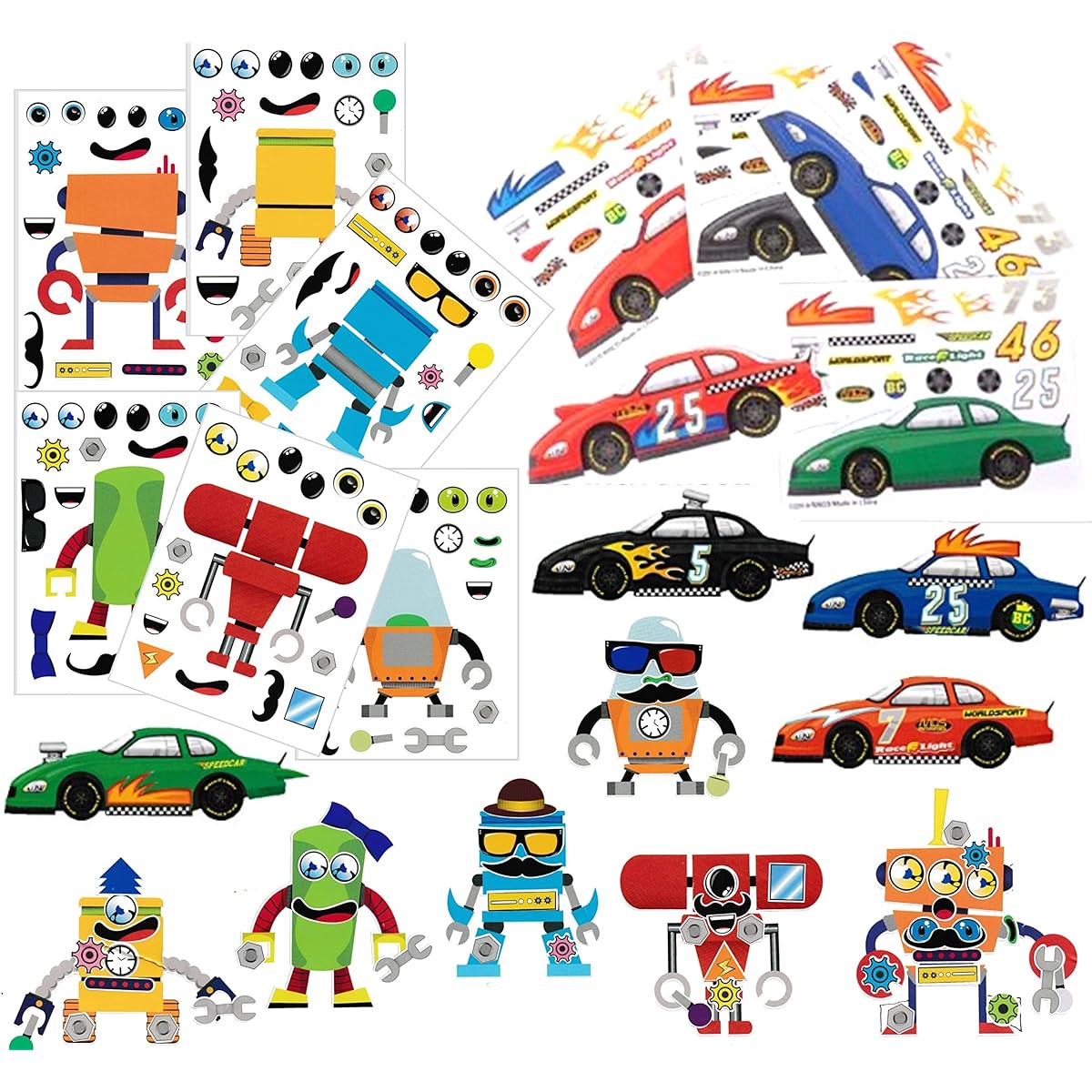 Sticker Sheets (4.5 x 6.5 inches) - Great for Kids Stocking Stuffers, Easter Basket Stuffers, Party Favors, Kids Travel Activities (24 Sticker Sheets, 12 Robots, 12 Race Cars)