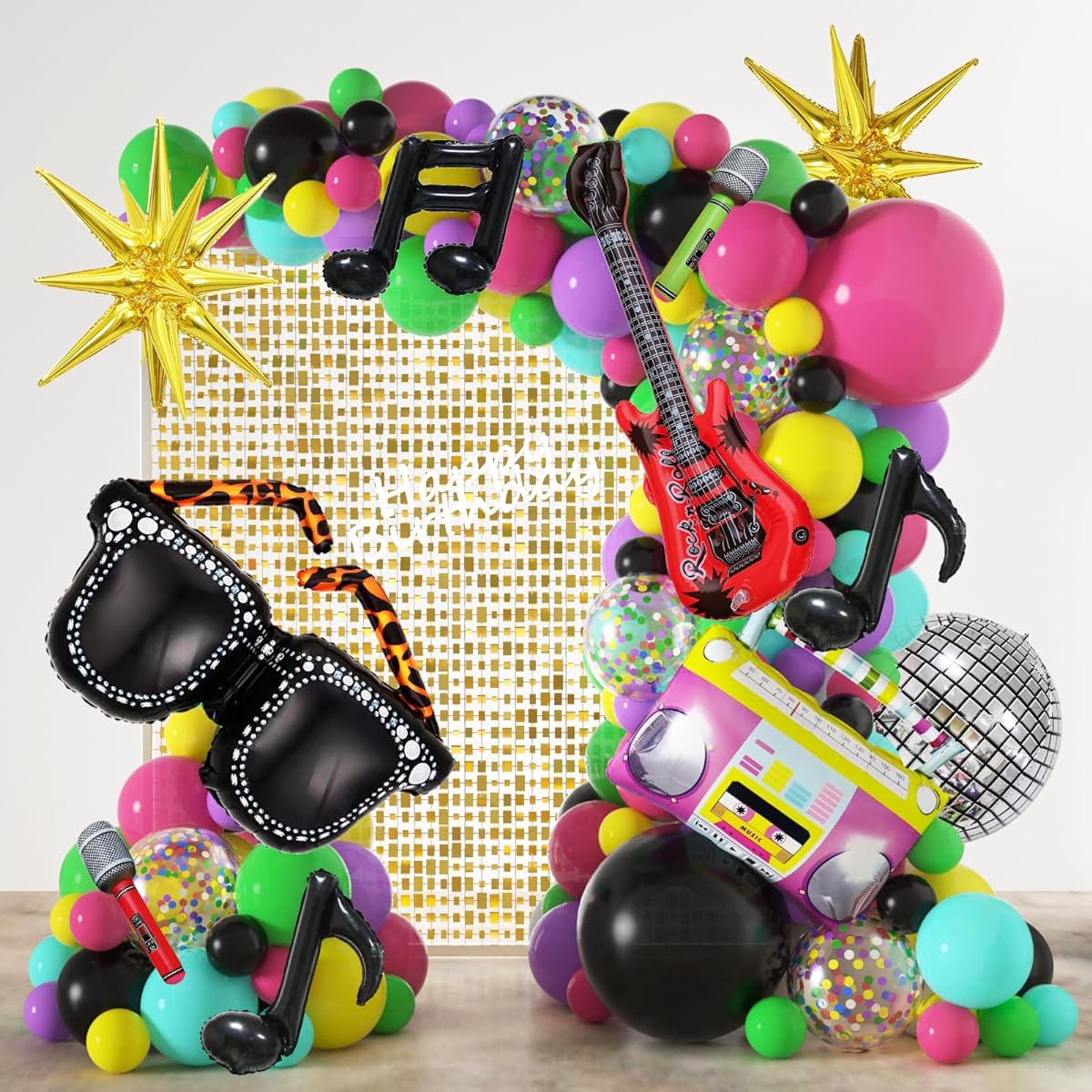 JOGAMS 80s 90s Party Decorations, 165pcs Retro Inflatable Guitar, Microphone, Radio Glasses, Music Notes, Stars, Disco Balloons with Confetti for 90s 80s Hip Hop Rock Theme Birthday Prom Party