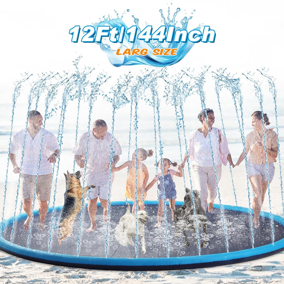 Lewtemi 12ft Giant Non-Slip Splash Pad for Adults/Kids/Dogs - Thick Sprinkler Pool Summer Outdoor Toys Fun Backyard Fountain Play Mat for Family Pets Dogs