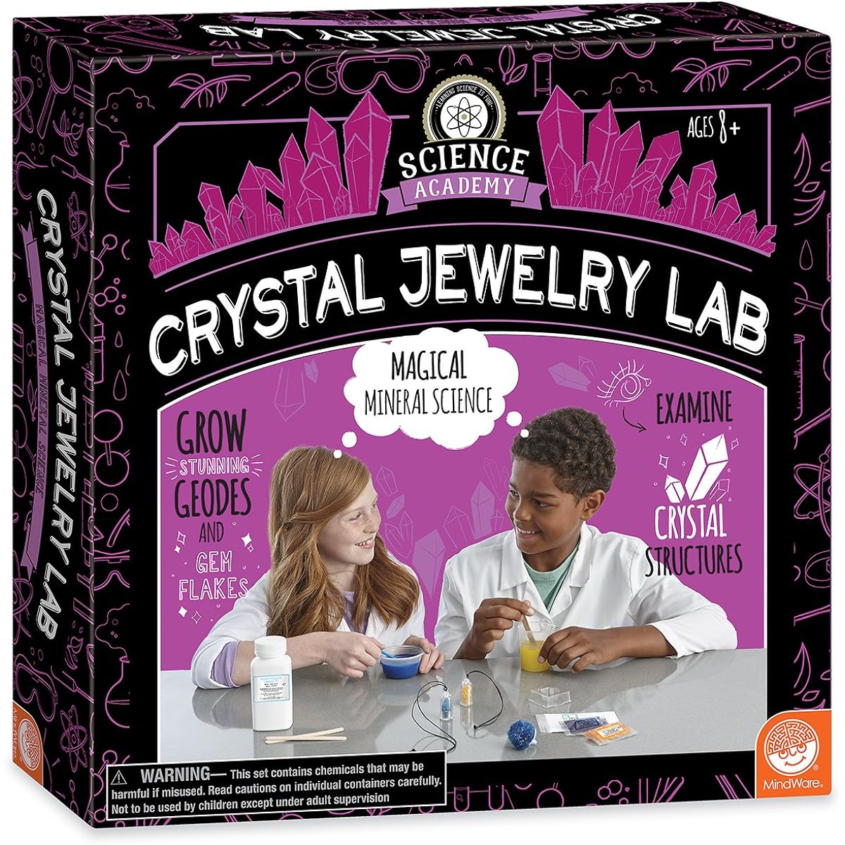 MindWare Science Academy Crystal Jewelry Lab - Set of 18 Crystal Rings and 2 Necklaces for Kids & Teens to Grow - Wild & Wacky Experiments for Boys & Girls - Great Educational Gift