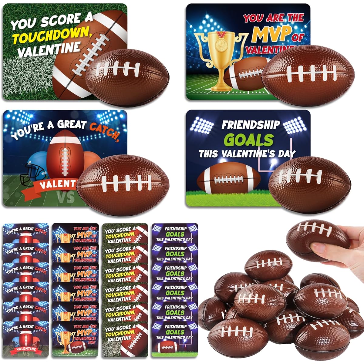 Valentine's Day Cards for Kids, 24 Pack Squishy Footballs with Valentine Exchange Cards, School Lessons, Stress Relief, Squishy Foam Balls, Valentine's Party Favors, Valentine Giveaways