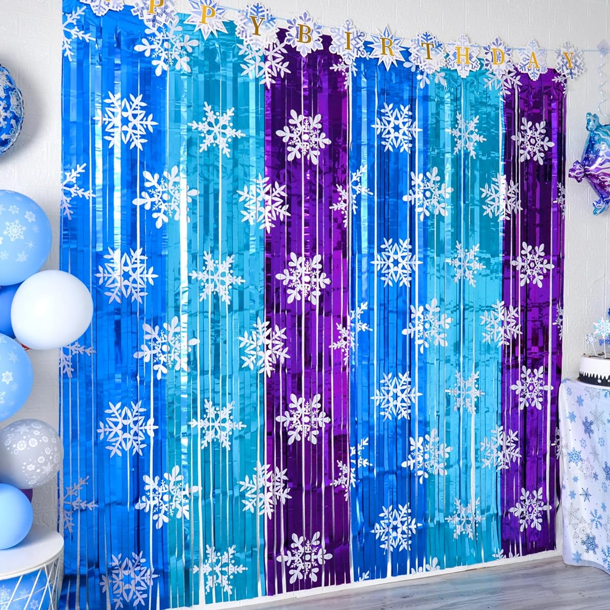 Bupelo Frozen Birthday Party Supplies, 2 Pack Frozen Party Decorations 3.3x6.6ft Tinsel Foil Fringe Curtains,Winter Photo Booth Props Backdrop Streamers,Snowflake Birthday Decor,Party Decorations for Girls