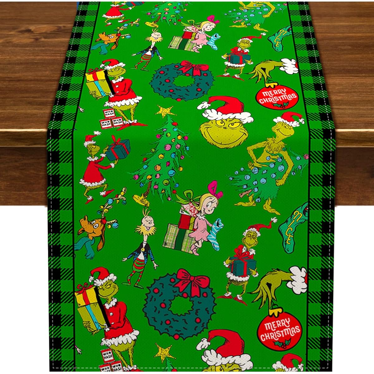 Nepnuser Mary Grinchmas Table Runner Buffalo Check Plaid Hoyvil Christmas Winter Holiday Party Decorations for Home Kitchen Dining Room Decor (Black and Green 13" x 72")