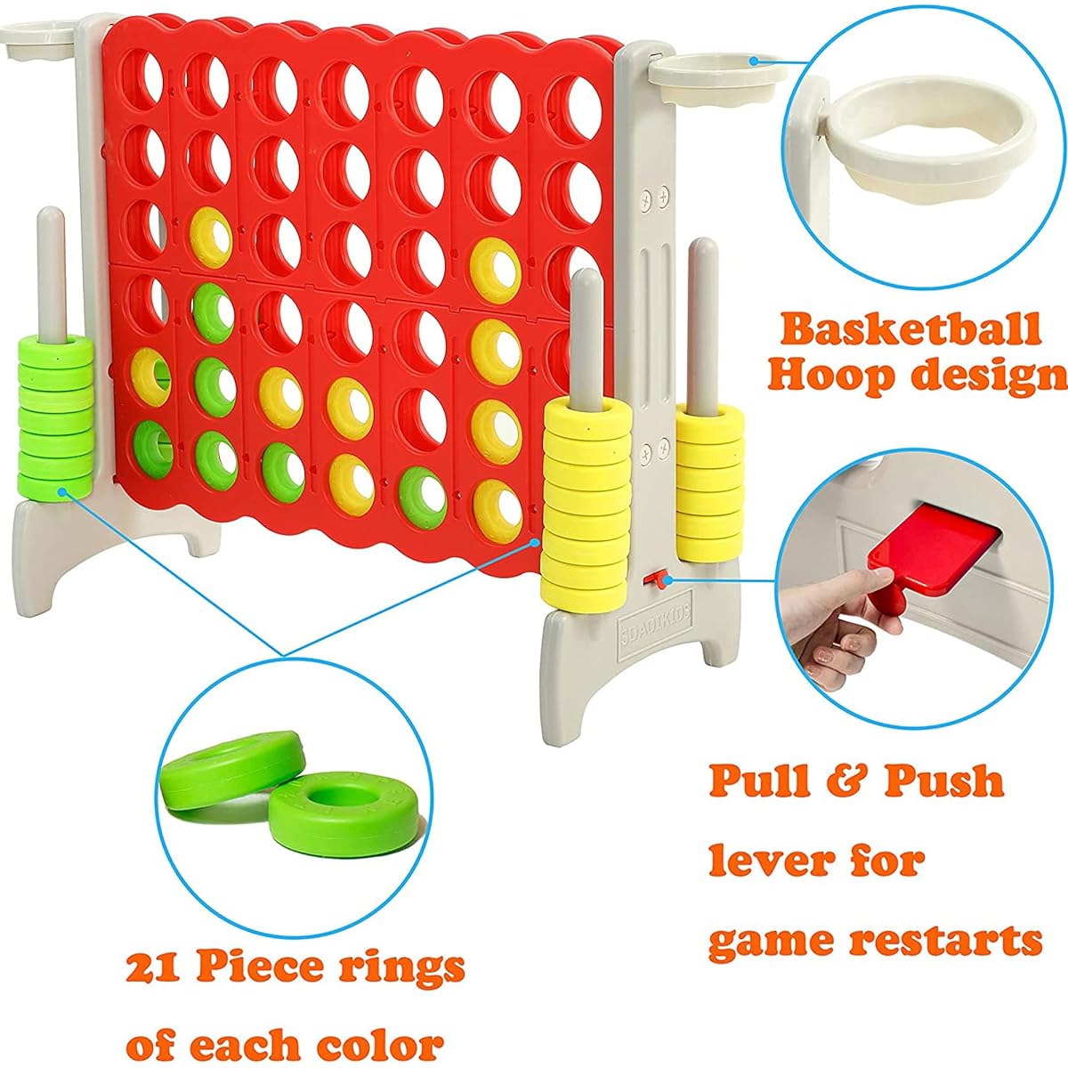 Giant Four in a Row 4ft Adult Yard Connect Game Basketball Activity Outdoor Floor Game Kids Teenage 64" Jumbo Indoor Family Fun Board Game Gray/Red -DSZQ04GR