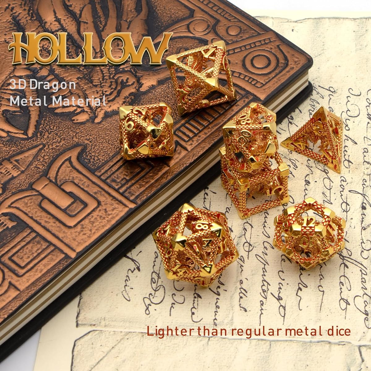 HNCCESG D&D Dice, 7pcs Metal DND Dice Dungeons and Dragons Dice Set Polyhedral Dice Role Playing Dice Set Hollow Dice Game Gift for D D Tabletop Games RPG Shadowrun(Gold Red)
