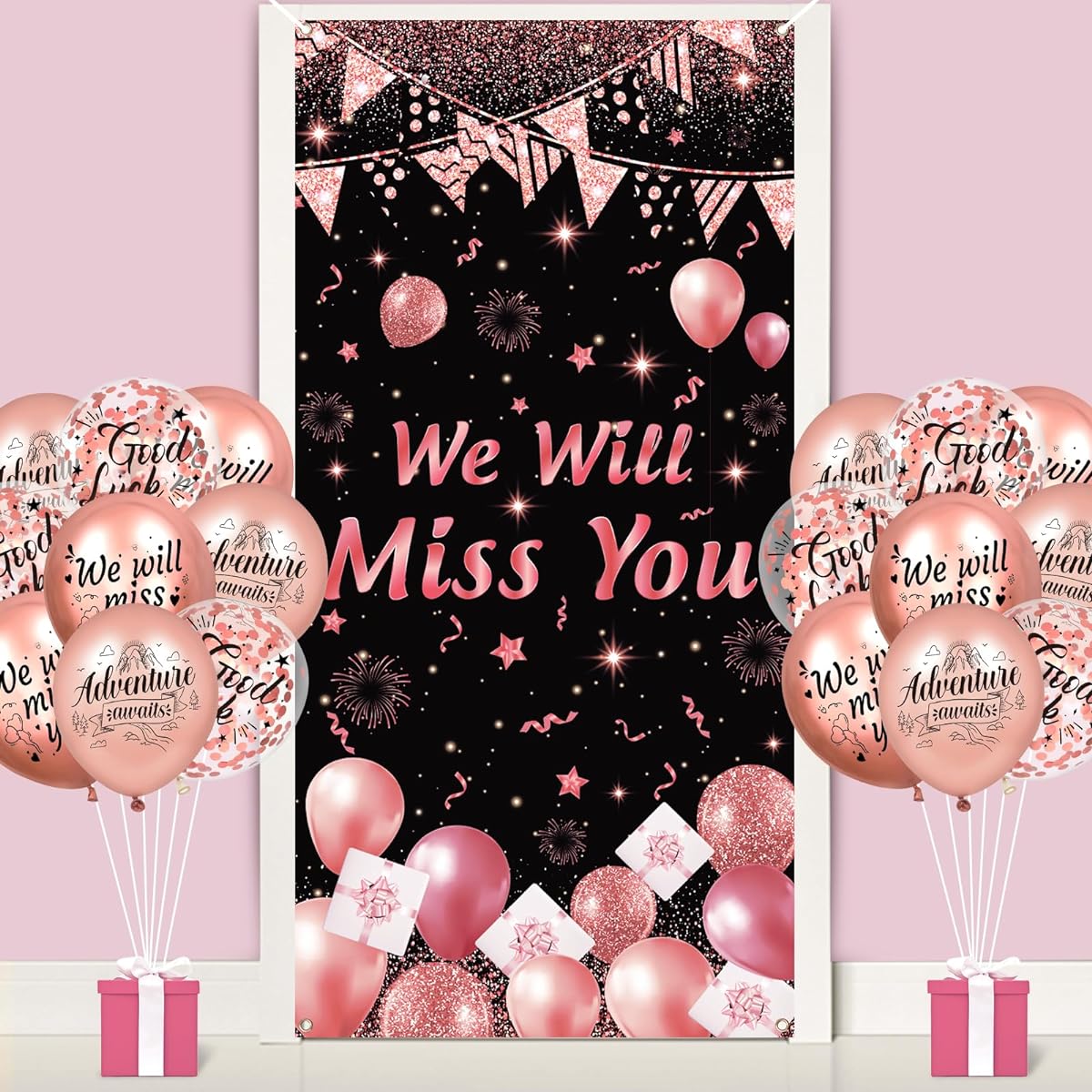 Rose Gold We Will Miss You Decorations Rose Gold We Will Miss You Door Cover Banner and 18 Pieces We Will Miss You Balloons for Women Girls Retirement Party Colleagues Farewell Decor Supplies