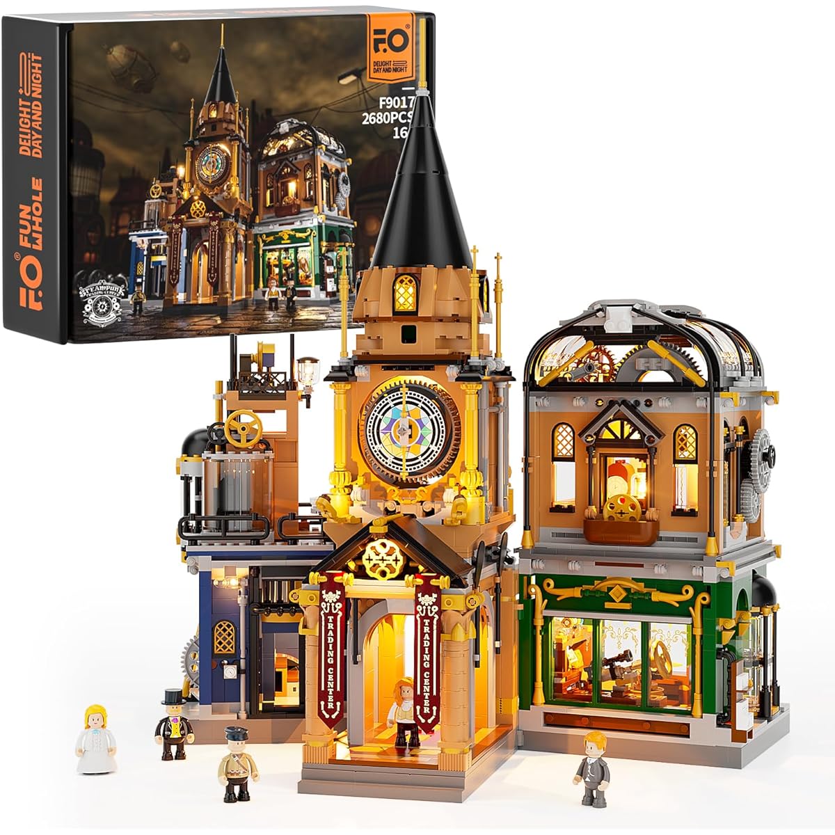 FUNWHOLE Steampunk LED Light Building Blocks Set - 2680 Piece Trading Center Construction Model for Adults and Teens