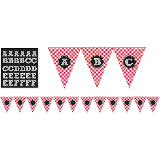 Amscan Classic Picnic Party Gingham Personalised Pennant Banner Hanging Decoration, Red/White, 30cm x 24cm