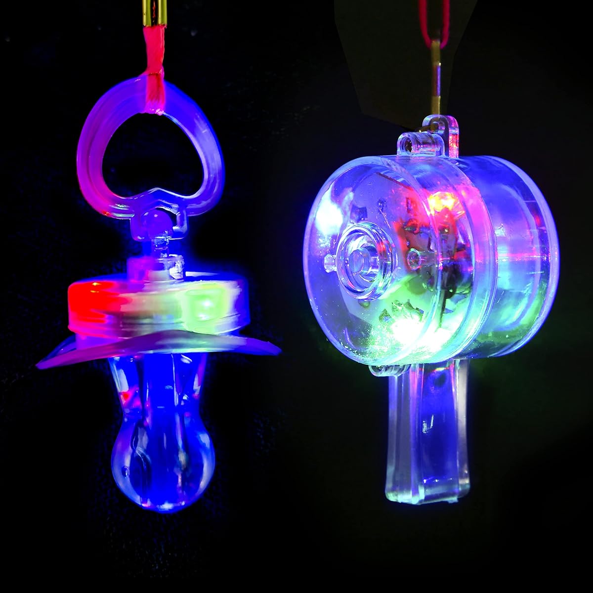 PROLOSO 20 Pieces Light Up Flash Whistle Glow in the Dark Party Supplies Includes 10 Pacifier Whistle and 10 Round Whistle with Lanyard