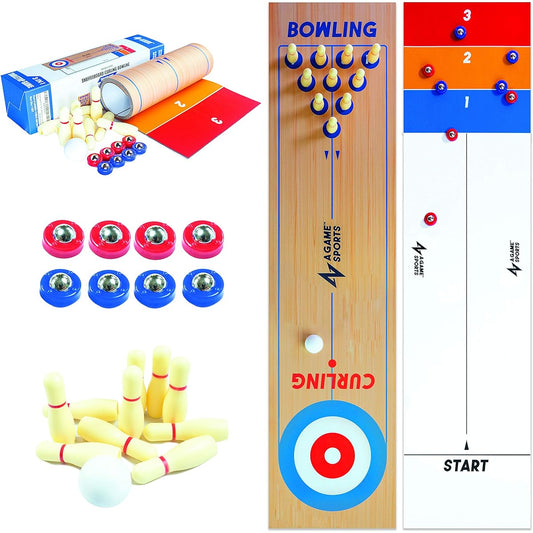 A Game Sports 3-in-1 Tabletop Shuffleboard Curling Game and Bowling Set (10" x 40") | Portable Family Game for Indoor/Outdoor Fun