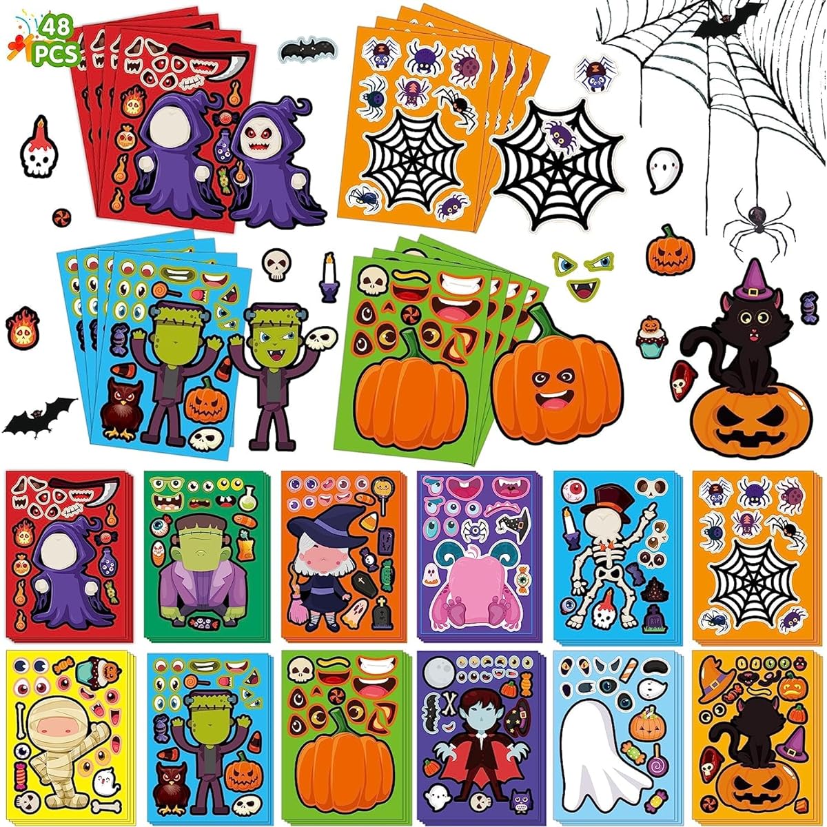 48pcs Halloween Face Stickers for Kids, Halloween Day Stickers Book Crafts, 12 Different Styles, Birthday Party Supplies, Party Decorations, Make Your Own Stickers, Festival Reward Gifts, Art Crafts