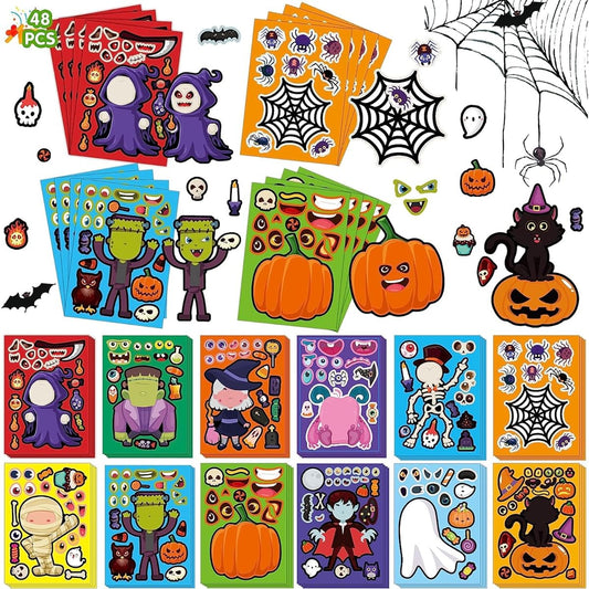 48pcs Halloween Face Stickers for Kids, Halloween Day Stickers Book Crafts, 12 Different Styles, Birthday Party Supplies, Party Decorations, Make Your Own Stickers, Festival Reward Gifts, Art Crafts