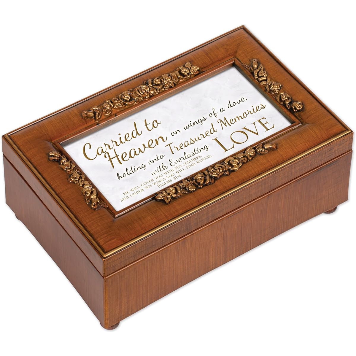 Treasured Memories Love Feather Wood Finish Petite Rose Jewelry Music Box Plays Amazing Grace
