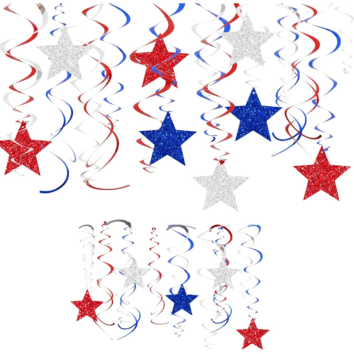 AnyDesign 40 Pieces Patriotic Hanging Swirls Decor Double-Sided Glitter Red Blue Silver Stars Hanging Streamers with Cutouts Cardboard Ornaments 4th of July Ceiling Spiral Independence Day Home Party