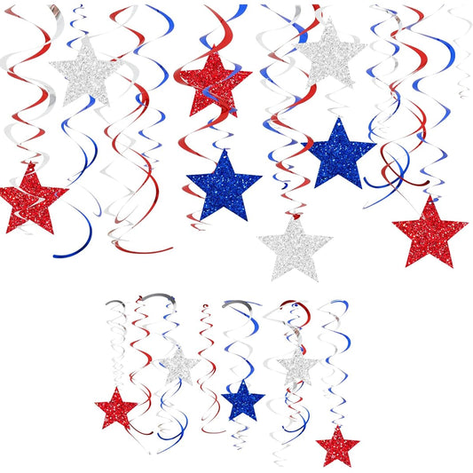 AnyDesign 40 Pieces Patriotic Hanging Swirls Decor Double-Sided Glitter Red Blue Silver Stars Hanging Streamers with Cutouts Cardboard Ornaments 4th of July Ceiling Spiral Independence Day Home Party