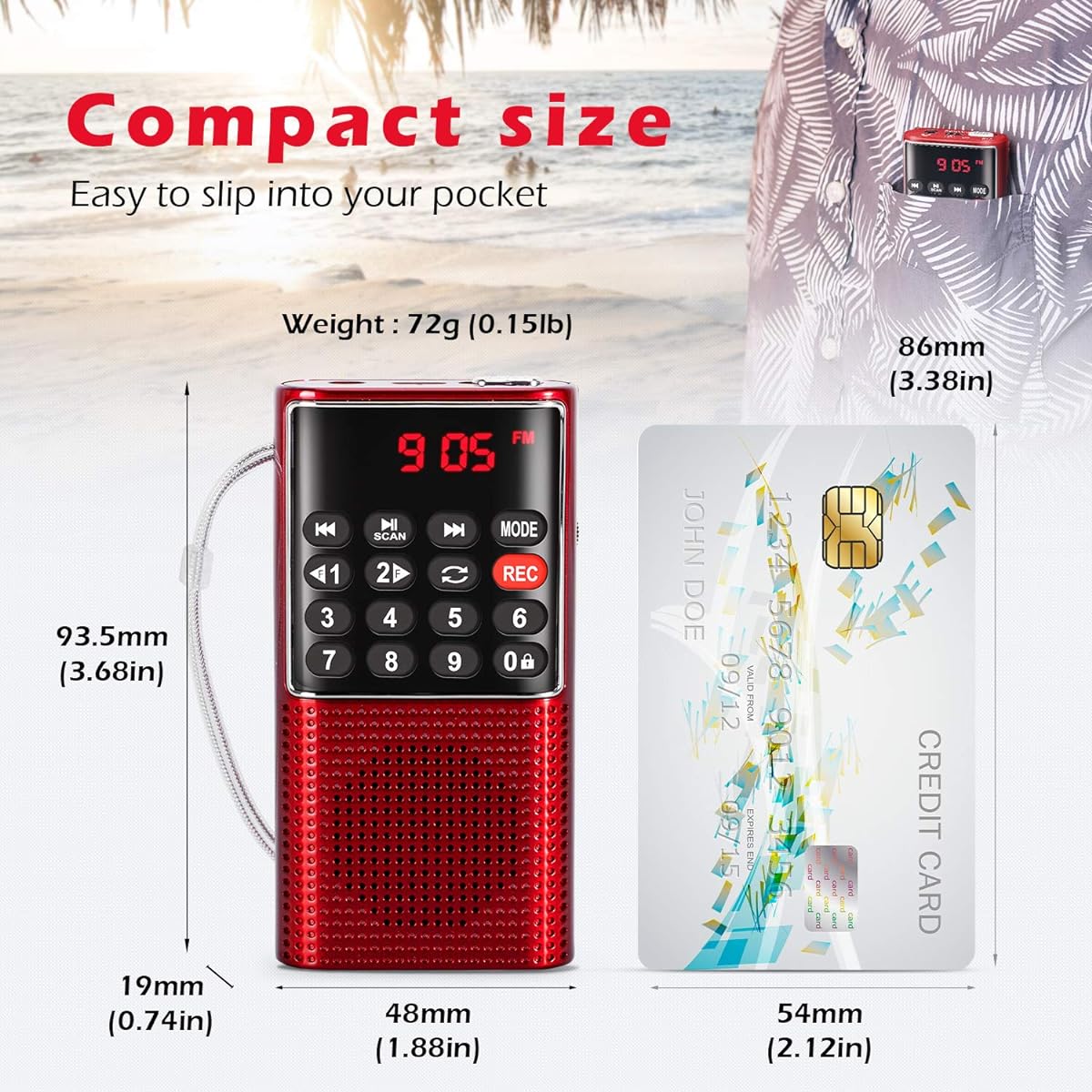 J-328 Mini Pocket FM Radio MP3 Walkman Radio with Recorder, Lock Key, SD Card Player, Battery Operated(NO AM) Red