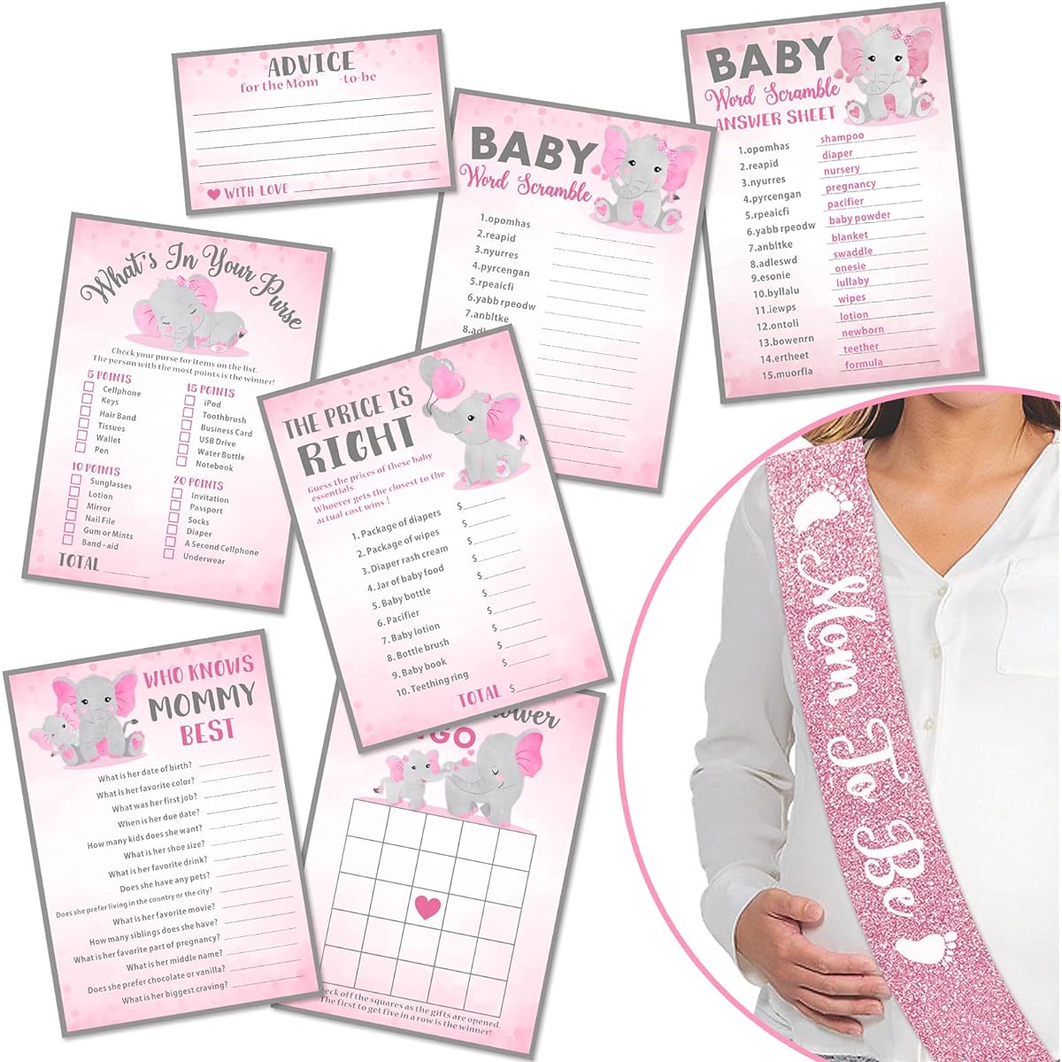 Pink Elephant Baby Shower Game Cards Mom To Be Sash Set of 6 Activities (50 Cards Each, 300 Cards Total) Pink and Grey Baby Shower Supplies Games Activities for Girls