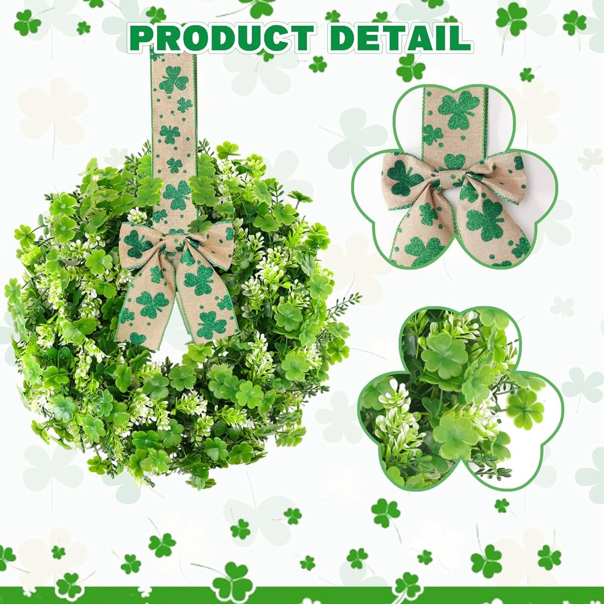 POILKMNI 18" St. Patrick's Day Wreath Decorations Shamrock Clover Decor with Bow for Front Door Home Wall Porch Party Supplies