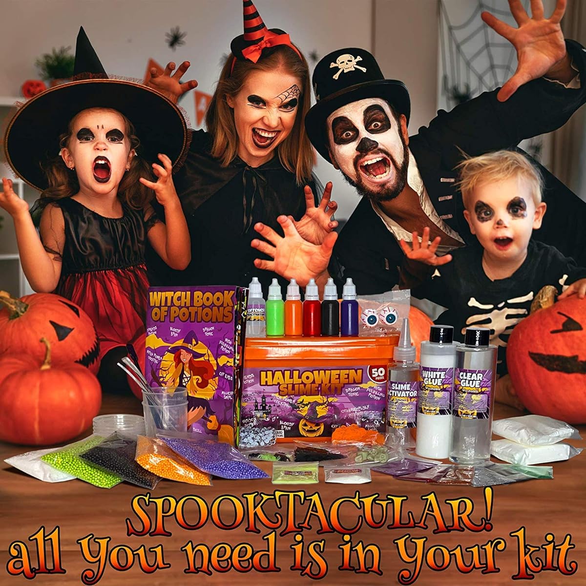 Spooky Slime Kit for Girls and Boys - 50 Piece DIY Slime Making Set - Slime Glue Activator Glowing Spooky Scary Creepy Additions - Great Gift for Kids