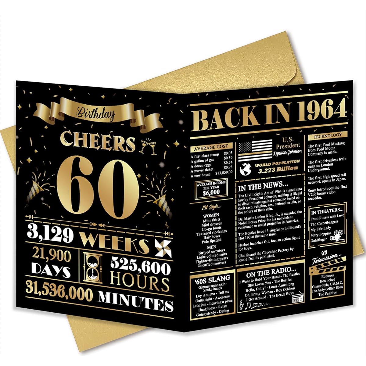 Qiliji Jumbo 60th Birthday Cards for Men and Women, Funny 60th Birthday Cards, 60th Birthday Gifts for Mr and Mrs, 60th Birthday Card for Mom, Classic Back Card from 1964