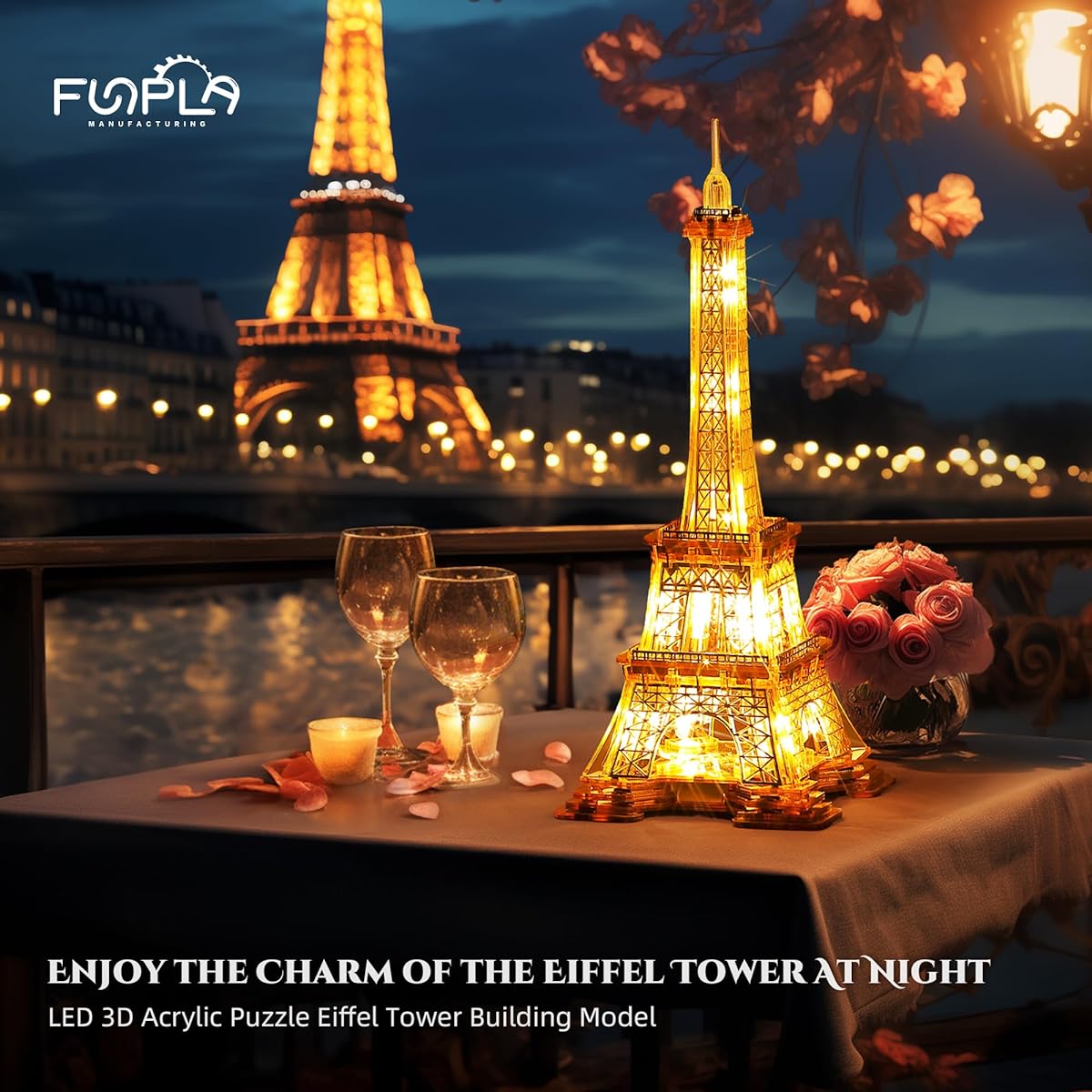 FUNPOLA LED 3D Puzzle Eiffel Tower Building Model - 3D Architecture Building Model - Paris Landmark at Night - 3D Acrylic Puzzle Decorative Lamp DIY Ornament Nightlight