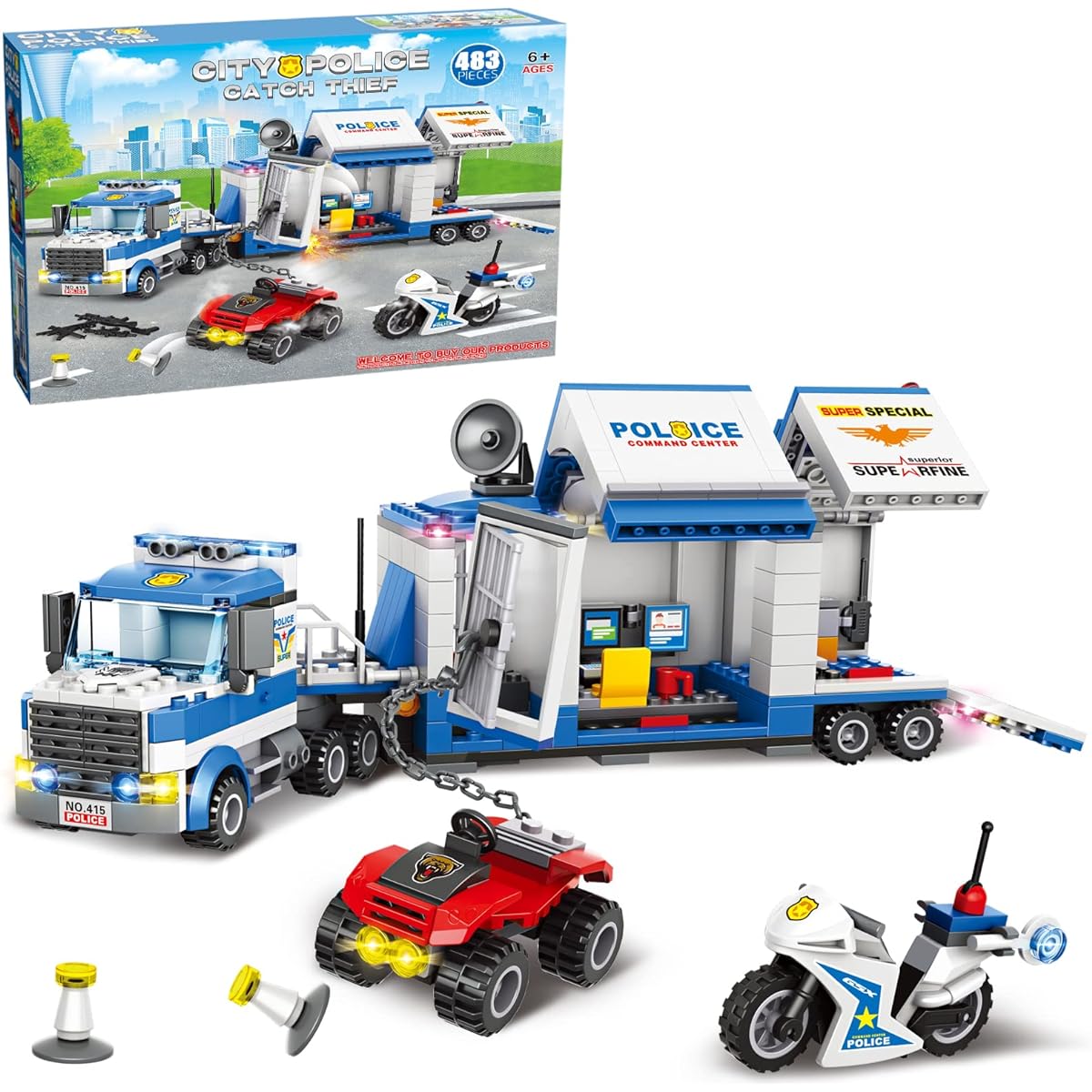 City Police Mobile Command Center Truck Building Block Kit Toy Police Vehicle Series Prison Break Jail Set Action Cop Motorbike ATV Weapon Playset for Ages 5+ (483 Pieces)