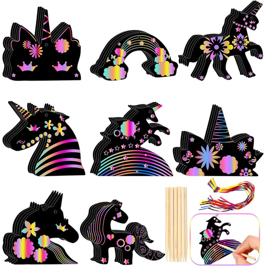 48 Pieces Unicorn Scratch Craft Art Ornaments Scratch Card Art Set Unicorn Birthday Decorations for Girls Boys Unicorn Party Favors Unicorn Crafts with Ribbon and Wooden Stylus School Crafts for Kids