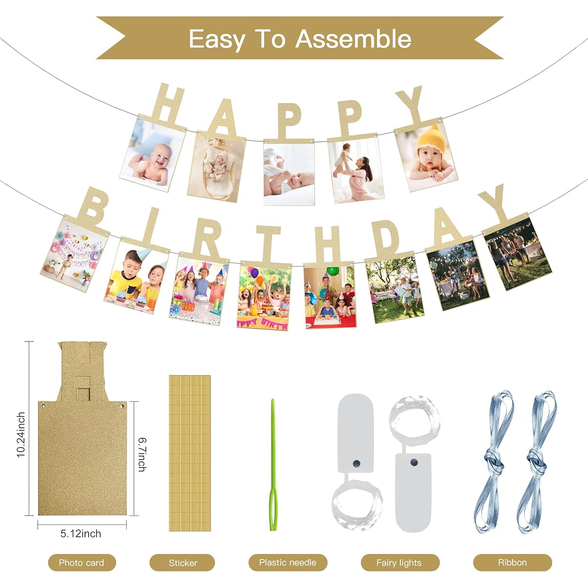 Birthday Photo Banner Perfect for Kids and Adults Birthday Party Decorations Yearly Milestone Golden Happy Birthday Banner (Gold and Light)