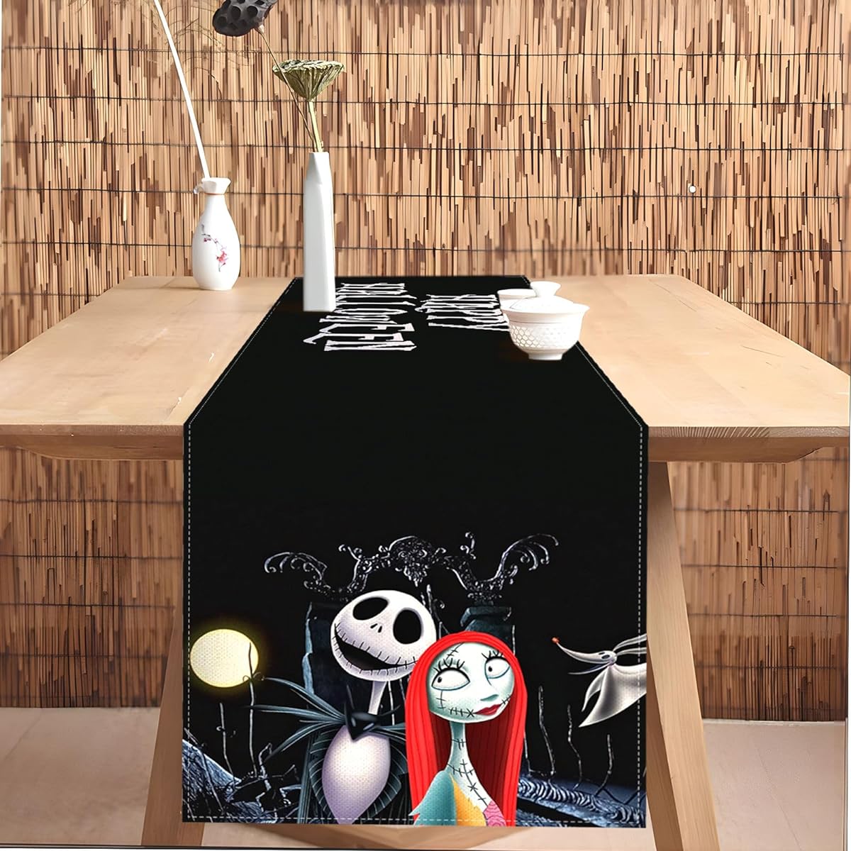 Vohado Happy Halloween Table Runner Nightmare Before Christmas Decorations Jack and Sally Dining Room Home Kitchen Decor (13" x 108")