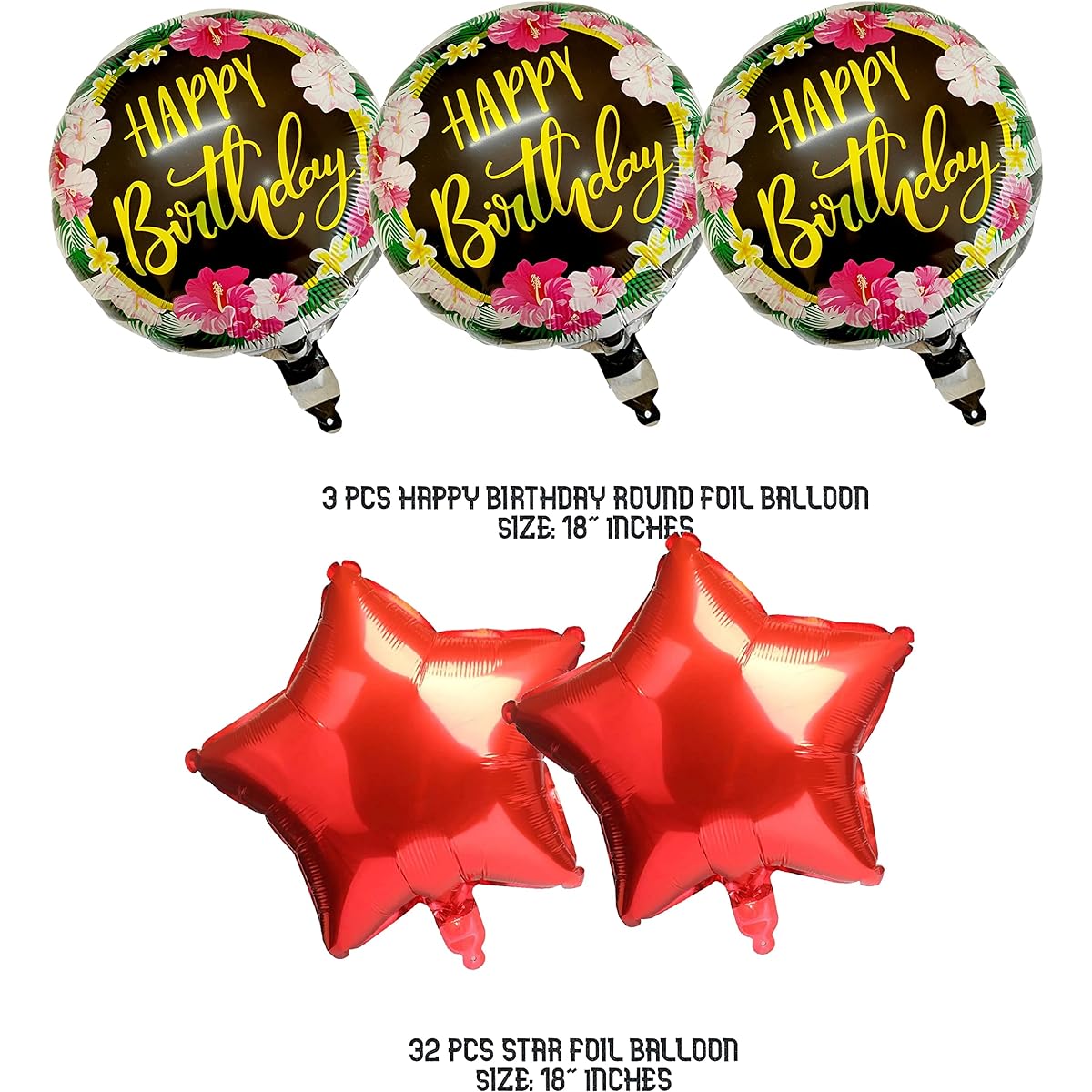 GRAND SHOP Happy Birthday Floral Print Round & Star Foil Balloons Red Black Set of 5
