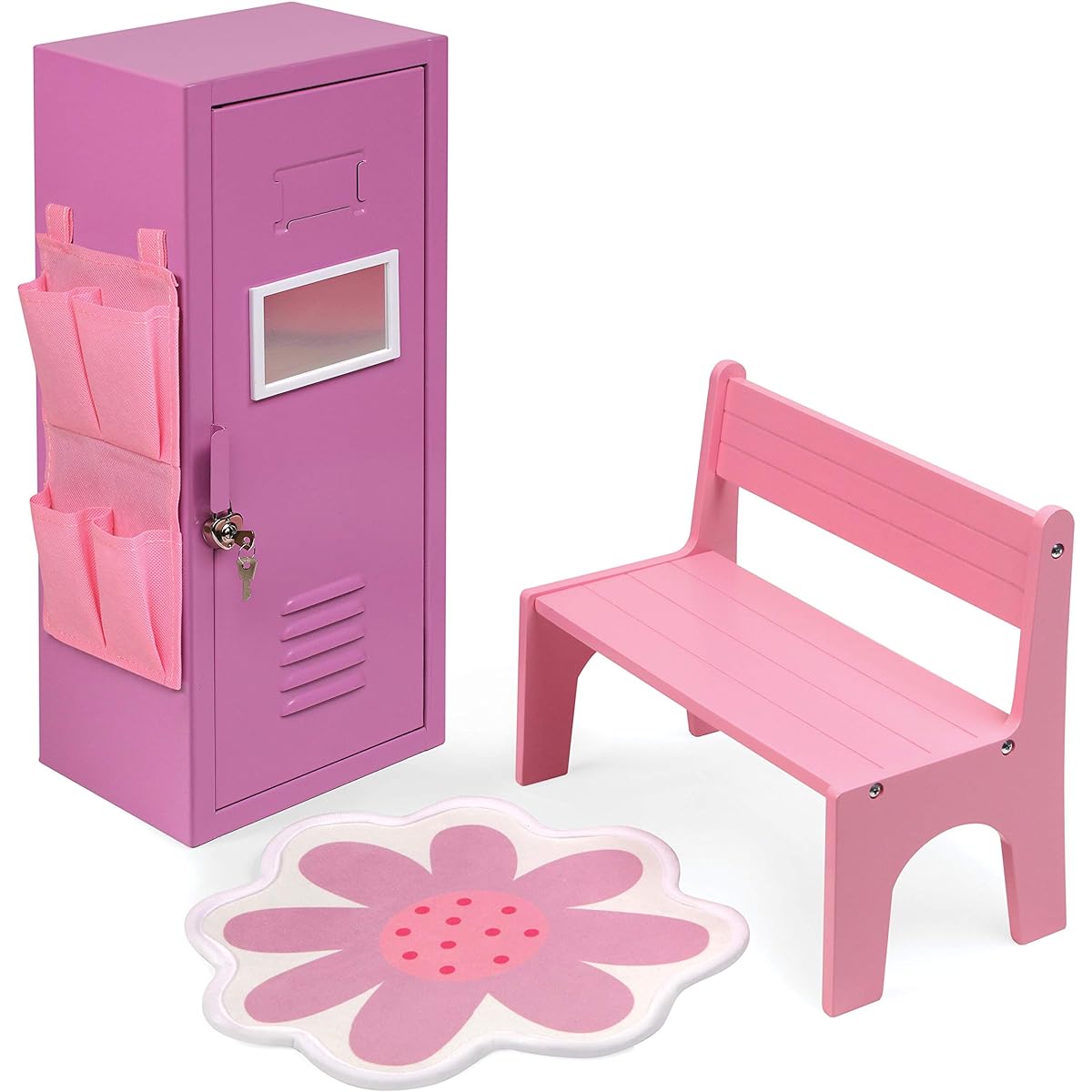 Badger Basket Toy School Style Doll Locker Set with Bench, Rug and Accessories for 18" Dolls - Pink/Purple