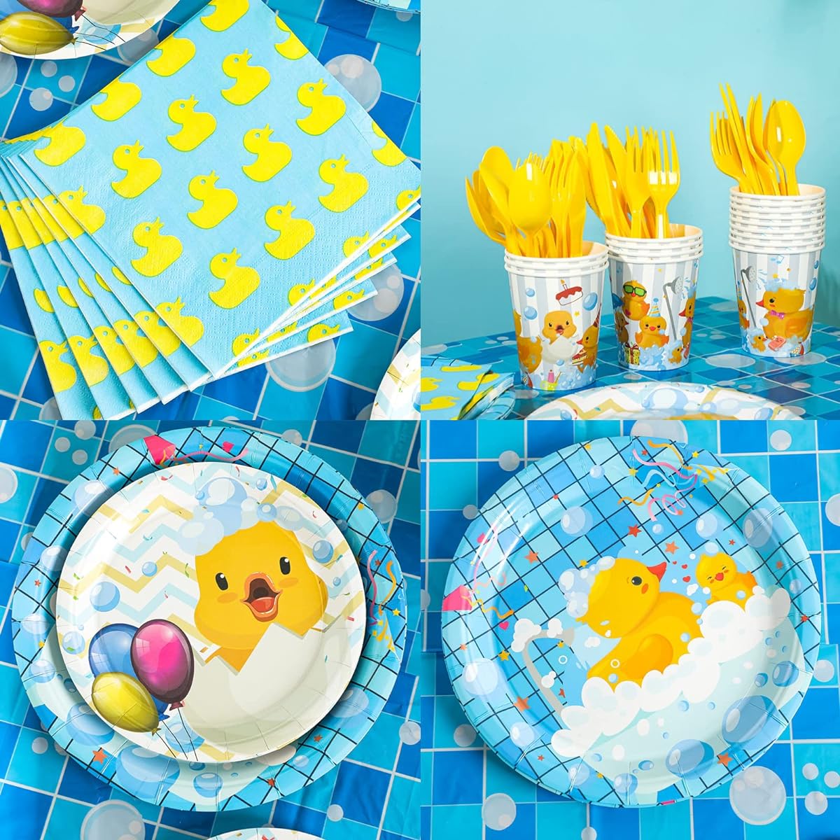 Lallisa 168 Pieces Duck Birthday Decorations, Yellow Duck Balloons, Latex Balloons, Plates, Cups, Disposable Cutlery, Lunch Napkins, Tablecloth, Banner Summer Rubber Duck Party Supplies (Fresh)