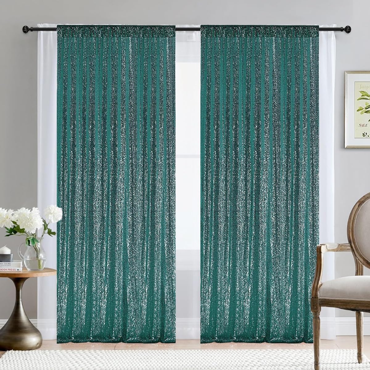 2x8ft Hunter Green Sequin Backdrop Curtain Panels Christmas Green Photography Background Glitter Curtain Fabric for Christmas/Wedding Party Decoration