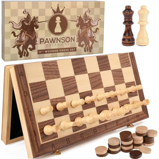Magnetic Wooden Chess Checkers Set for Kids and Adults - 15 Inch Staunton Chess Set - Portable Folding Chess Board Game Set for Travel - Wooden Piece Storage - 2 Queens