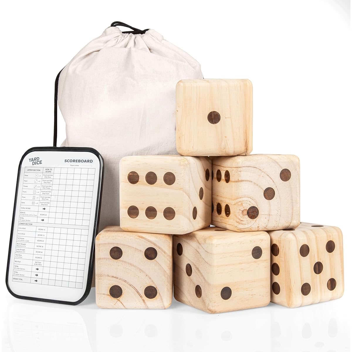 Barcaloo Giant Wooden Yard Dice - Yardzee Outdoor Game Set 3.5" - 6 Jumbo Dice Scoreboard with Durable Carry Bag - Fun for All Ages