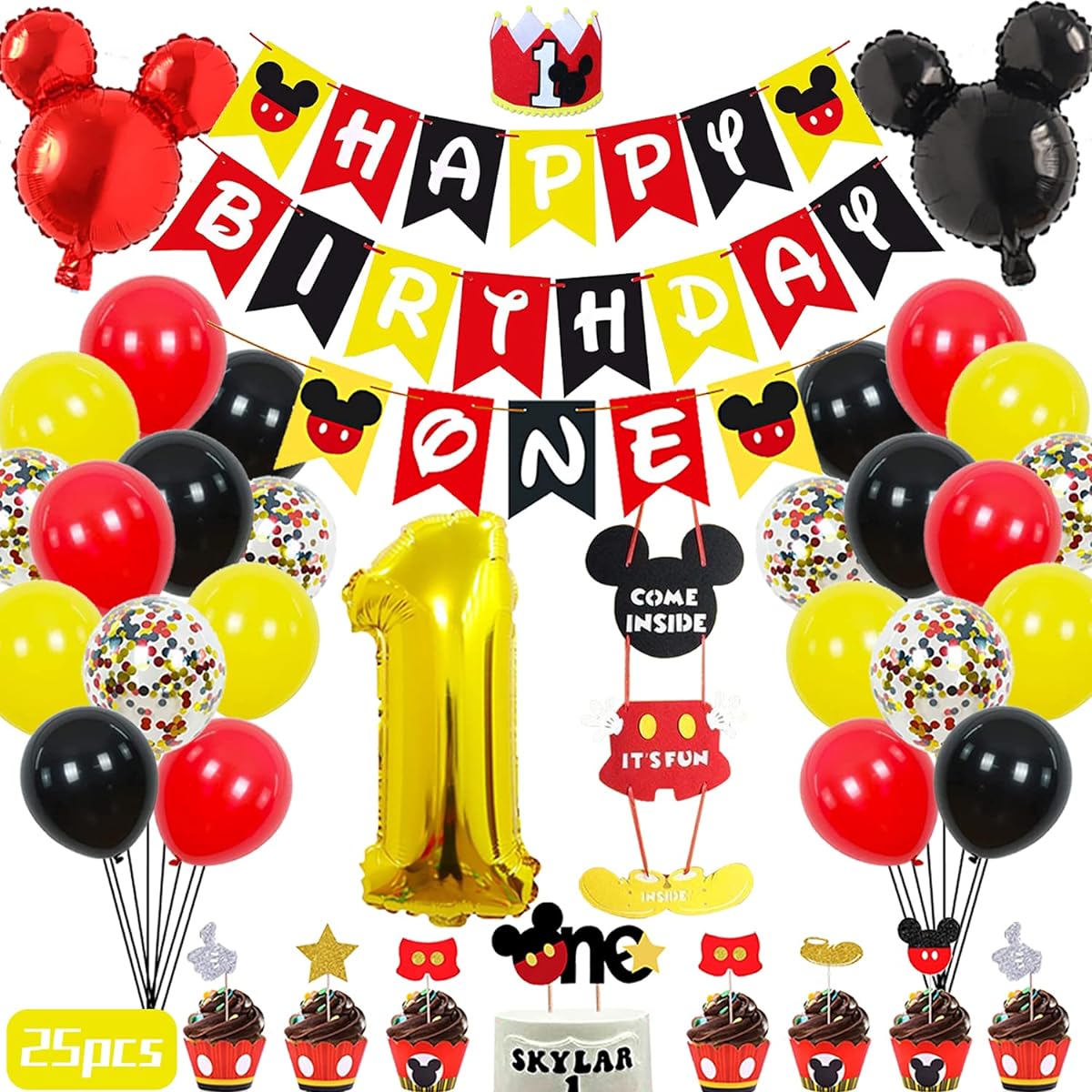 Mouse 1st Birthday Party Supplies Decorations 57pcs - Happy Birthday Banner, 1 Banner Balloon, "1" Foil Balloon, Hat, Door Sign, Cupcake Toppers, Video Game, Birthday Decorations for Boys/Girls/Kids/Baby