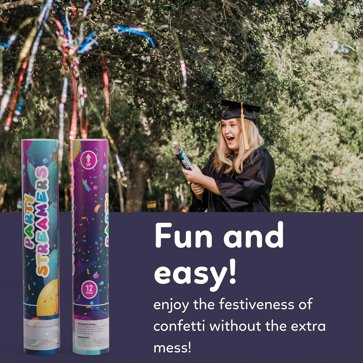 No Mess Streamers Confetti Cannon Confetti Poppers 6 Pack | Shiny Multicolor Streamers | TUR Party Supplies | Up to 25 Feet | Giant (12 Inch) | Party Poppers for Graduations, Birthdays, Weddings