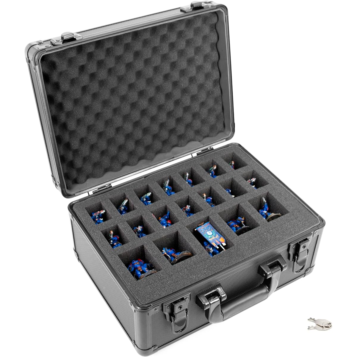 CASEMATIX 14" Miniature Storage Lock Box with 2 Miniature Storage Foam Trays, Aluminum Frame Miniature Carry Case with Customizable Foam Trays, Locking Latch and 2 Keys Included