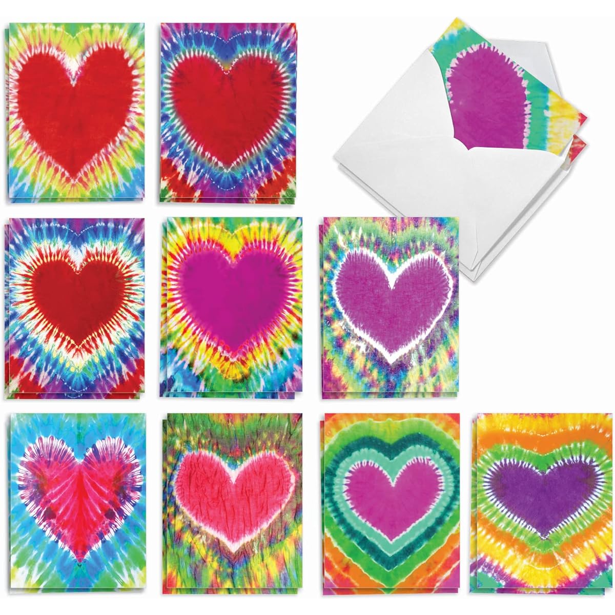 The Best Card Company Tie Dye Hearts - 20 Assorted Boxed Multipurpose Notecards with Envelopes (4 x 5.12 inches) - AM9162OCB-B2x10