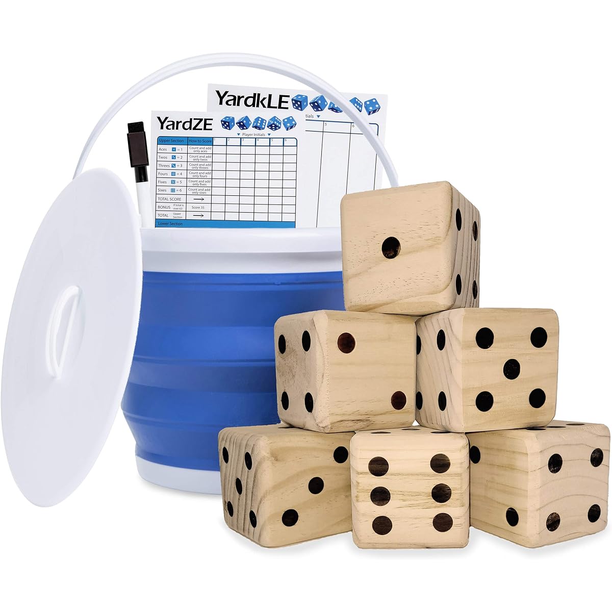 GETMOVIN SPORTS Giant Wooden Play Dice Set with Rolling Bucket and Scorecards - Outdoor Lawn and Yard Game - Includes 6 Dice, Dry Erase Scorecards, Markers, Rolling Bucket and Carry Bag (3.5" Dice)