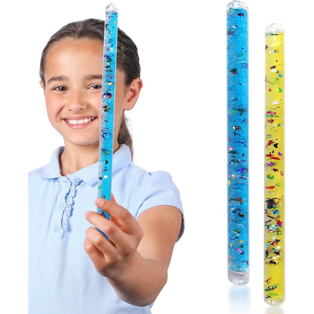 Playlearn Glitter Wands Sensory Toy Set (2 Pack - Jumbo 12") - Stress Relief Fidget Toys for All Ages Adults, Kids, Toddlers - ABC Color Glitter Baton Liquid Relax Therapy Toy - Calming Stimulation