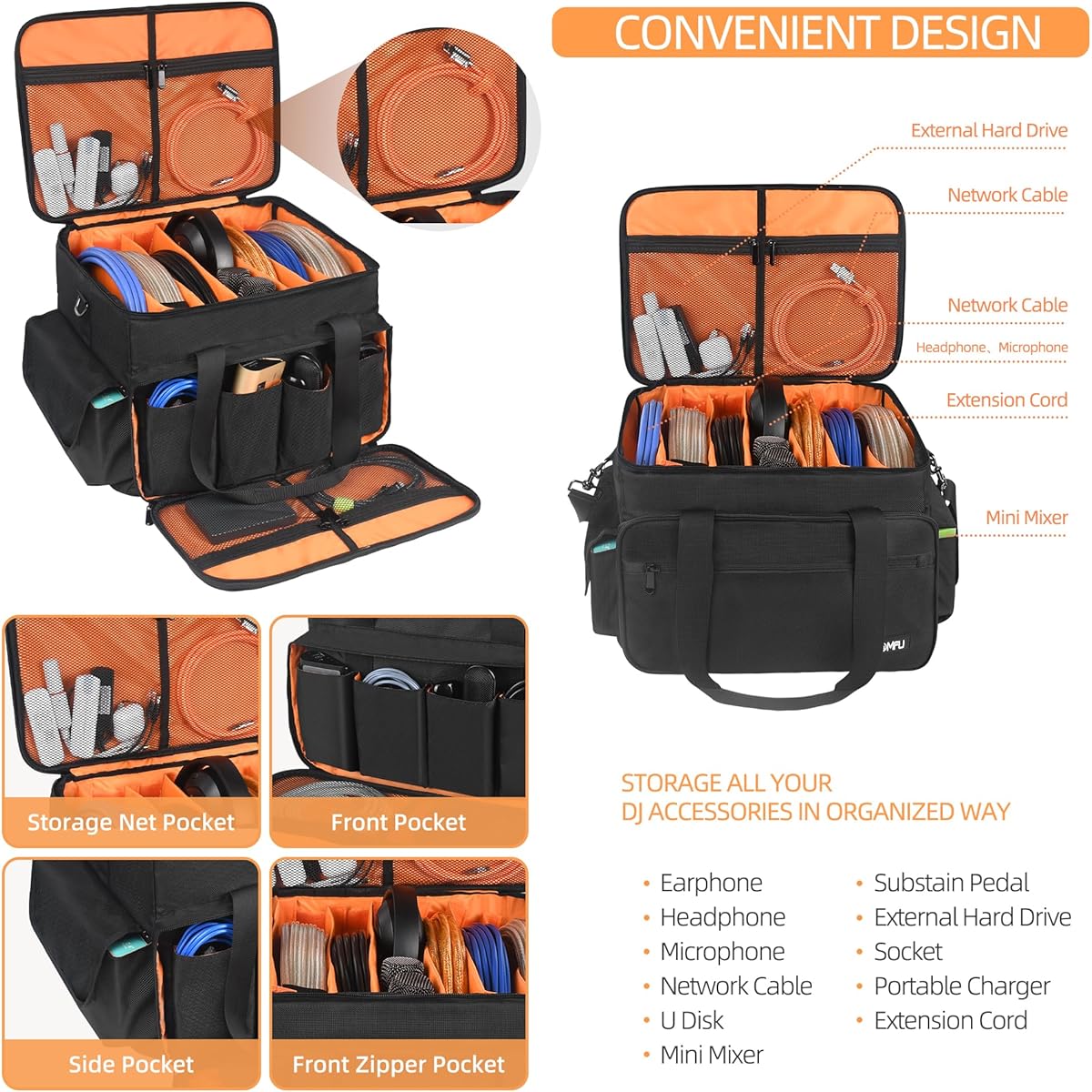 HOMFU DJ Large Capacity Band Equipment Bag DJ Gig Gear Bag with Removable Padded Bottom and Dividers DJ Cable File Storage Organizer Bag for USB DJ Equipment Musician Accessories Travel Sound Equipment