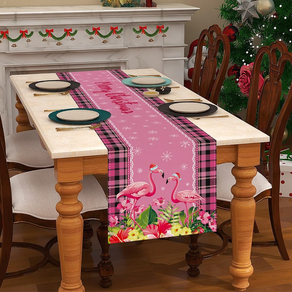 FARMNALL Linen Pink Hawaiian Beach Flamingo Christmas Table Runner Coastal Hawaii Tropical Christmas Christmas Holiday Home Kitchen Table Decoration 13x72 Inch