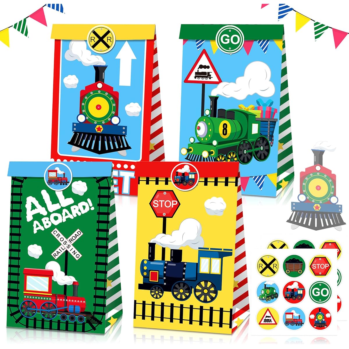 Roaring Good Time 16 Pieces Train Birthday Party Supplies Train Birthday Party Favor Bags Train Birthday Party Gift Bags Train Party Favors Train Stickers Train Goodie Bags