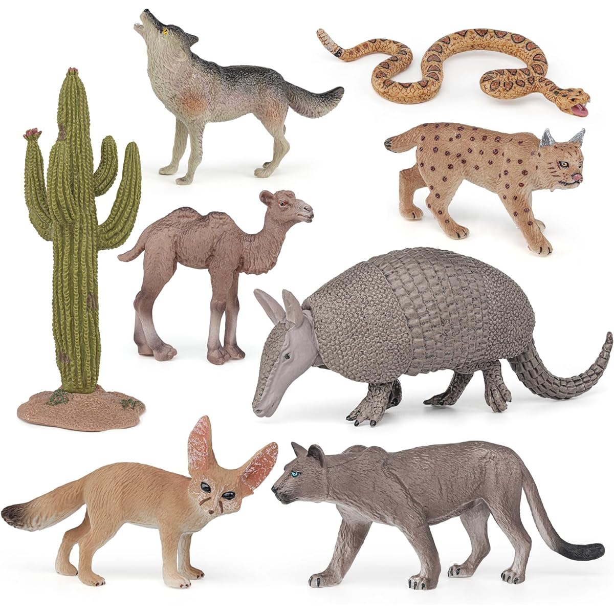 Desert Wild Animals Model Figures Playset 8 Pieces Cactus Armadillo Camel Fennec Fox Meerkat Wolf Figurines Decor Set Toys for Boys Girls Kids