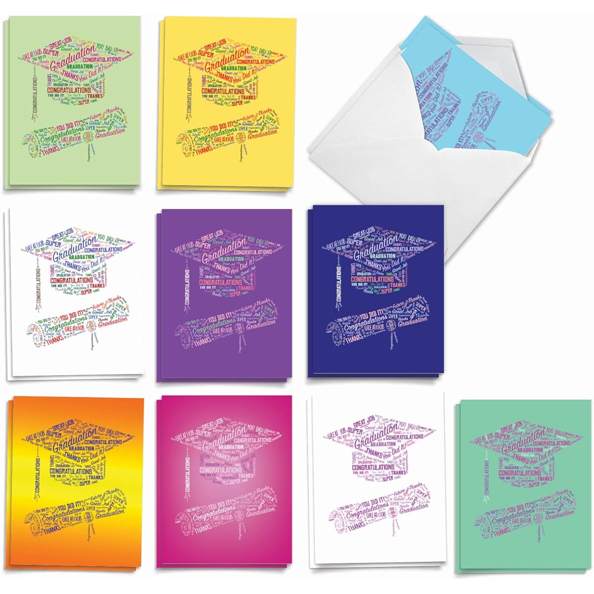 The Best Card Company Diploma Word Art 20 Assorted Boxed Graduation Notecards with Envelopes (4 x 5.12 inches) Lettered Cap and Diploma AM3191GDG-B2x10
