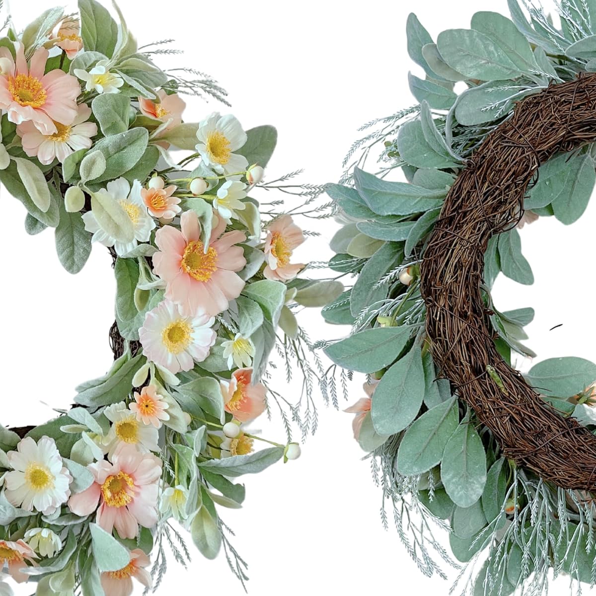 TOKCARE 22 Inch Spring Summer Wreath for Front Door Flocked Artificial Lamb Ear Wreath with Vibrant Silk Flowers and Green Leaves Home Farmhouse Holiday Decor Gift