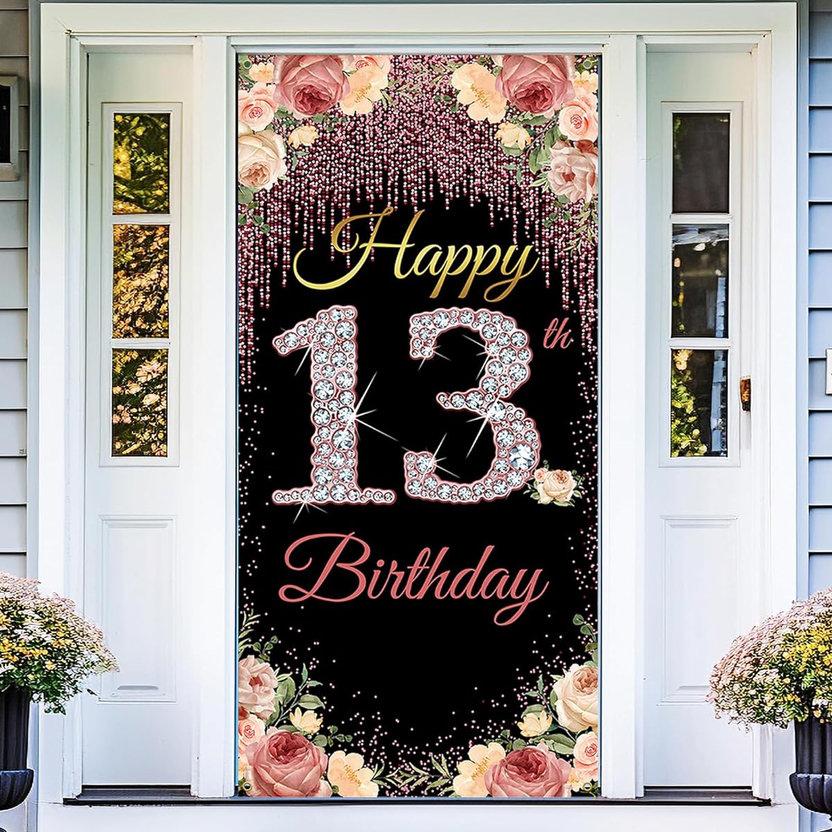 Vicycaty 13th Birthday Door Backdrop Banner Happy 13th Birthday Decorations for Girls Rose Gold 13th Birthday Party Yard Sign Photo Booth Props Decor Supplies Sturdy Fabric