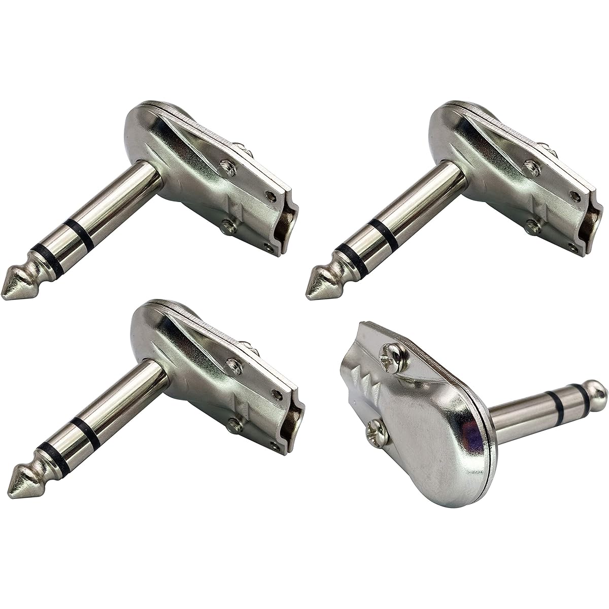 AAOTOKK Right Angle 6.35mm Adapter Gold Plated 90 Degree 3 Pole 6.35mm 1/4'' Stereo TRS Male Flat Pancake Style Plug Connector Speaker Patch Cable for Guitar (4 Pack/3 Pole)